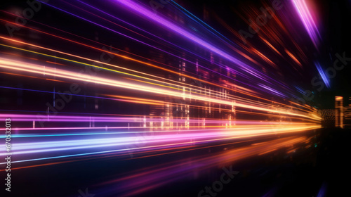 Blurred of Neon futuristic flashes on black background. Motion light lines backdrop.