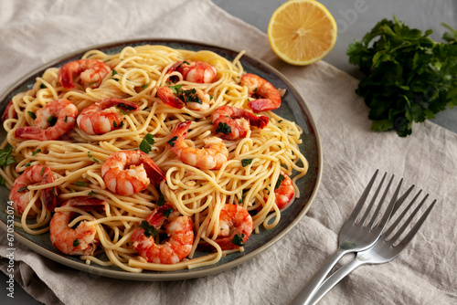 Homemade Cooked Garlic Shrimp Scampi on a Plate, side view. Close-up.