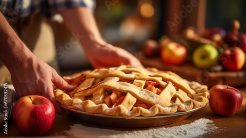 Close-up of man's hands making apple pie in the kitchen