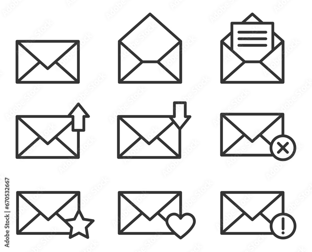 Envelope icons letter. Envelop icon vector template. Mail symbol element. Mailing label for web or print design. Envelope icons letter. Envelop icon vector template. Mail symbol element. Mailing label for web or print design.
