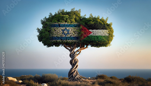 Israel and Palestine National Flags Two Trees branches growing side by side, symbolizing unity on clear blue sky back. Gaza Strip War Conflict. Geopolitical Warfare crisis. Hamas Middle East security