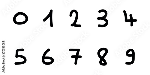 Cartoon set with different numbers 0 to 9. Zero, one, two, three, four, five, six, seven, eight, nine and ten numbers. Mathematics doodle hand writing concept.