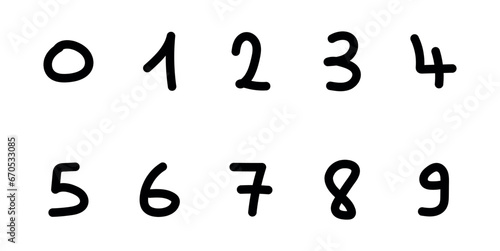 Cartoon set with different numbers 0 to 9. Zero, one, two, three, four, five, six, seven, eight, nine and ten numbers. Mathematics doodle hand writing  concept.