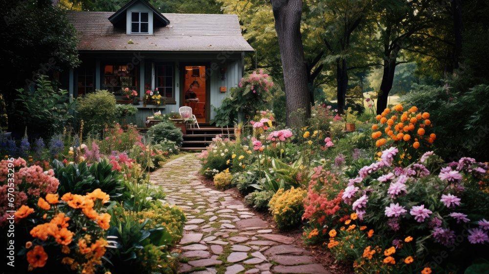 A paved path with flowers on the sides leading to a house