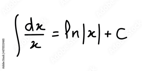 Integral of one over x. Mathematics resources for teachers and students. Scientific doodle handwriting concept.