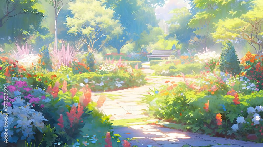 a beautiful sunny place on earth of a big garden with full of flowers