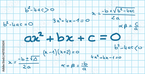 Quadratic equation formula. Scientific seamless pattern. Math formula equation doodle handwriting concept. Mathematics resources for teachers and students.