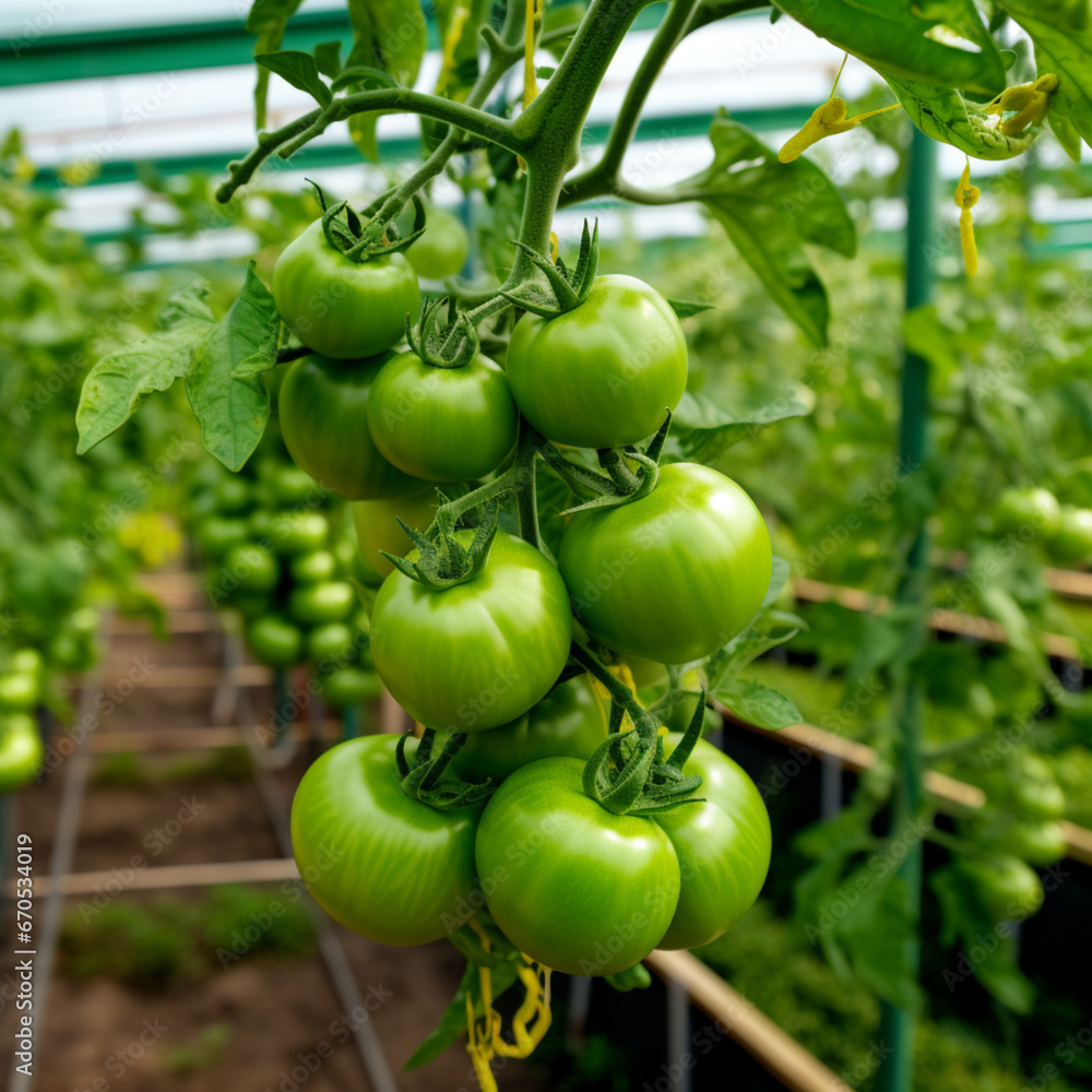 Green Tomatoes Grow on a Branch in the Greenhouse Garden Generative AI