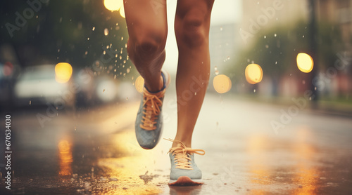 lady’s running legs with running shoes in rain