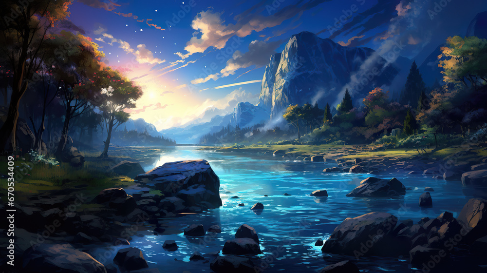 a magical flowing river at night, beautiful blue themed inspired anime artwork