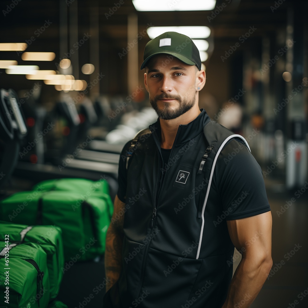 Portrait of a delivery person in gym background
