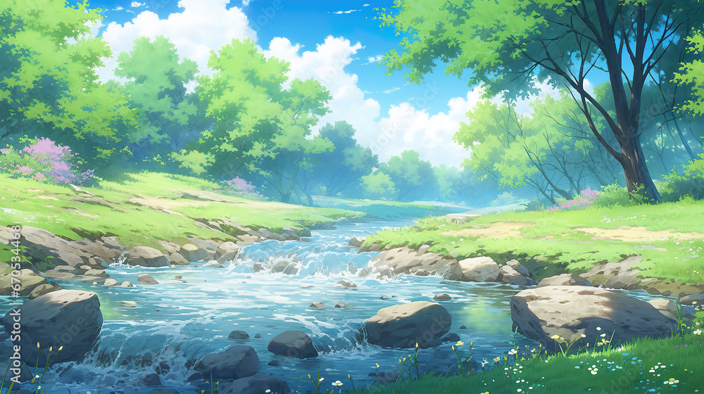 a small little flowing river next to a forest, anime artwork
