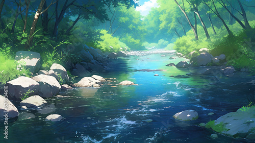 a calm flowing river scenery in a shady forest  anime manga artwork