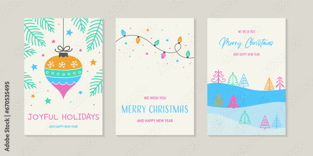 Different Christmas cards with tree, ball and lights. Vector illustration