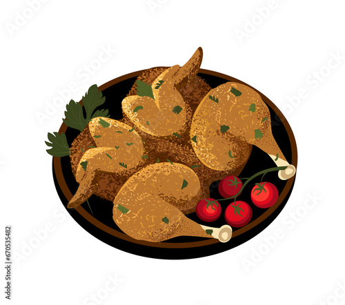 Chicken tabaka.National dish of Georgian cuisine, chicken fried in a frying pan under pressure with seasoning,vegetables.Caucasian Kartuli cuisine.Flat vector illustration isolated on white background photo