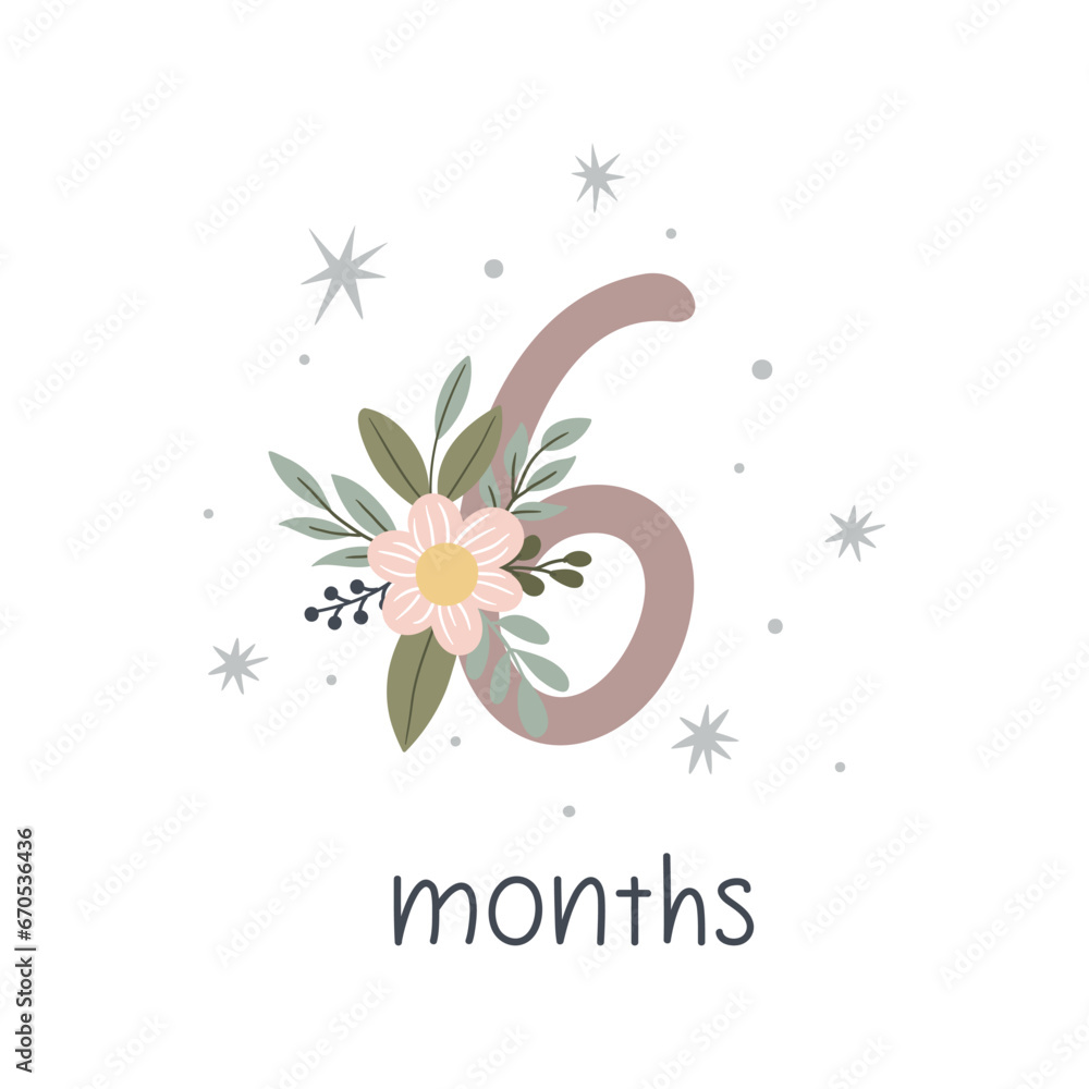 Naklejka premium Vector illustration with number, baby birthday card with flowers