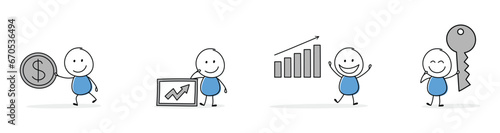 Collection of a happy stickman holding dollar, graph, arrow and key sign. Cartoon style icons for a business presentation. Vector illustration