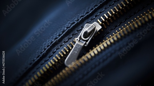 Close up of zipper on blue fabric, AI photo