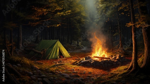 Bonfire and green tent in the forest