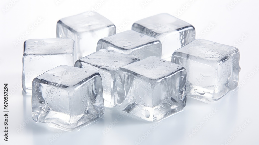 Natural crystal clear melting ice cubes on white reflective surface background. Natural crystal clear melting ice cubes on white reflective surface background.