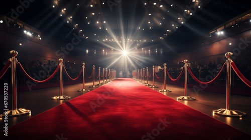 Foto Red carpet rolling out in front of glamorous movie premiere.