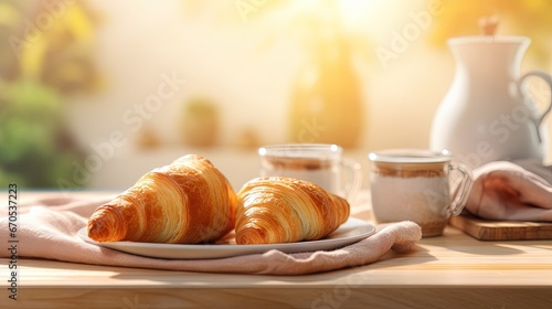 dish towel, fresh croissant and ceramic cups of tea on bamboo tray on wooden tabletop with sun light on kitchen background interior, breakfast concept