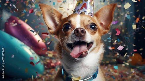 Cute dog celebrating at a birthday party with confetti and party hat © HN Works