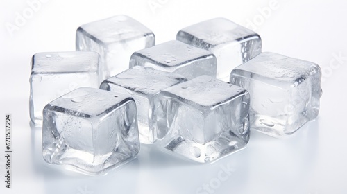 Natural crystal clear melting ice cubes on white reflective surface background.