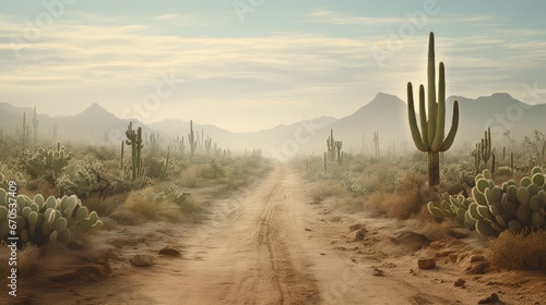 Road trip dust road crossing cactus desert in Baja California, Mexico