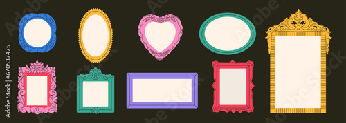 Set of colorful abstract frames or mirrors in retro style. Different shapes vintage photo picture frame border design. Modern flat vector illustration isolated on dark background