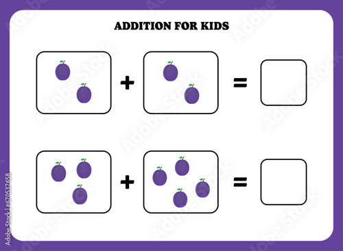 Addition page for kids. Educational math game for children with plum. Printable worksheet design. Learning mathematic.