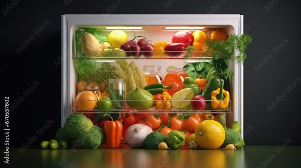 Open fridge full of fresh fruits and vegetables, vegetarian food healthy food background, greenery, organic nutrition, health care, dieting concept. Open fridge full of fresh fruits and vegetables, vegetarian food healthy food background, greenery, organic nutrition, health care, dieting concept.