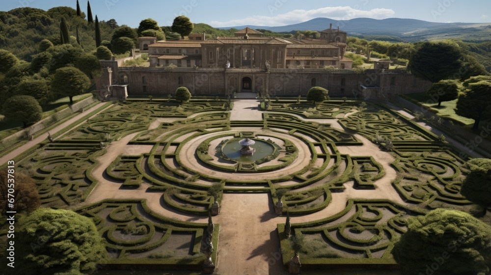 Aerial view of Villa Farnese and its gardens located in Caprarola, near