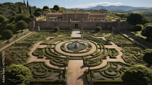 Aerial view of Villa Farnese and its gardens located in Caprarola, near Viterbo, Italy. It is a pentagonal palace in the Renaissance and Mannerist style. The building is empty.