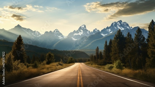 An open road leads to the Grand Teton's mountain range, rising in the distance beyond a thick pine forest. The last rays of sunlight shine on the mountain. Photo shot vertically to include more road. © HN Works