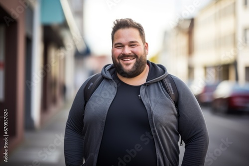 Retrato de chico adulto sonriente con sobrepeso preparado para hacer deporte. 