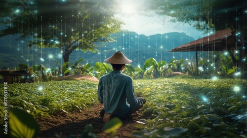 asian male farmer working in farm To collect data to study and develop his farm to improved productivity in the future.Good farming Theory of Asia.Smart Farming Concept.