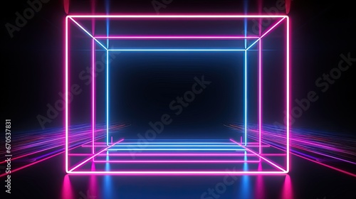 3d render, abstract background, square portal, glowing lines, tunnel, neon lights, virtual reality, arch, pink blue spectrum vibrant colors, laser show, blank space, frame isolated on black