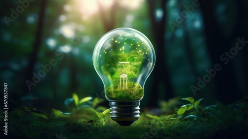 National technology day concept. Innovation and development of futuristic, high tech, technology. Green, eco friendly, sustainable, renewable background with energy bulb.