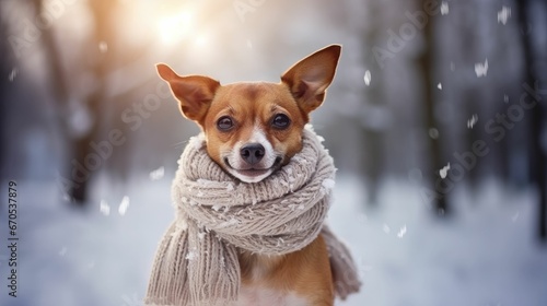 dog wearing scarft winter park photo