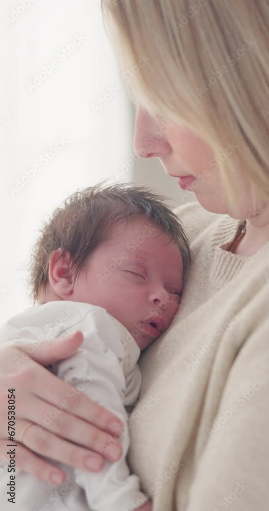 Mother, baby care and nap with love and support for newborn in nursery with sleep. Young child, mom and family with youth and childcare with bonding and maternity in a home with infant and rocking Mother, baby care and nap with love and support for newborn in nursery with sleep. Young child, mom and family with youth and childcare with bonding and maternity in a home with infant and rocking