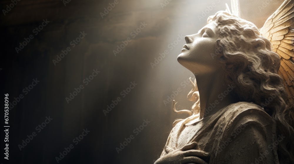 Profile of an ancient statue of angel with cross in sun rays as symbol of Christianity, death and resurrection of Jesus Christ. - obrazy, fototapety, plakaty 