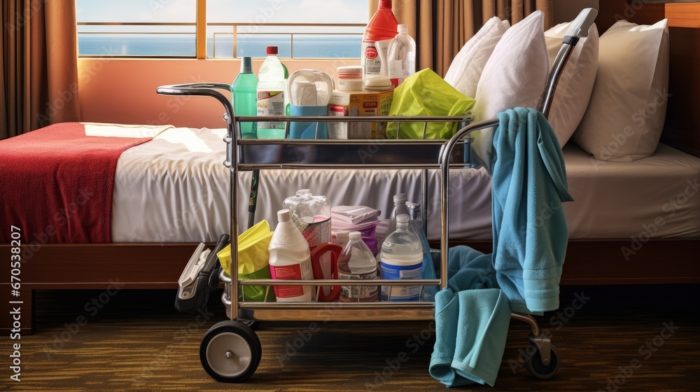 A hotel room service cart with cleaning tools and detergents, a mop, a feather duster, and washing chemical liquids in bottles A hotel room service cart with cleaning tools and detergents, a mop, a feather duster, and washing chemical liquids in bottles