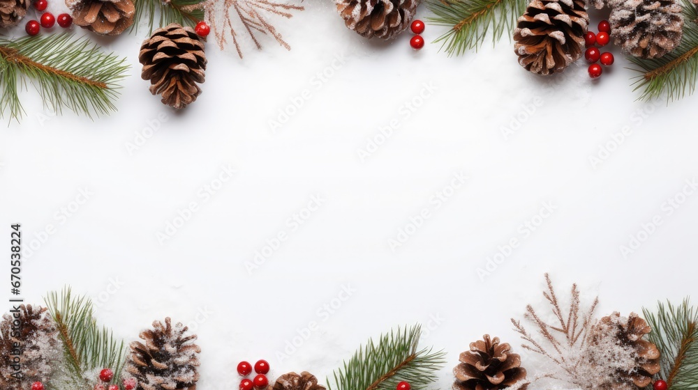 Christmas decoration. Frame of twigs christmas tree, brown natural pine cones and red berries on snow with space for text. Top view, flat lay Christmas decoration. Frame of twigs christmas tree, brown natural pine cones and red berries on snow with space for text. Top view, flat lay
