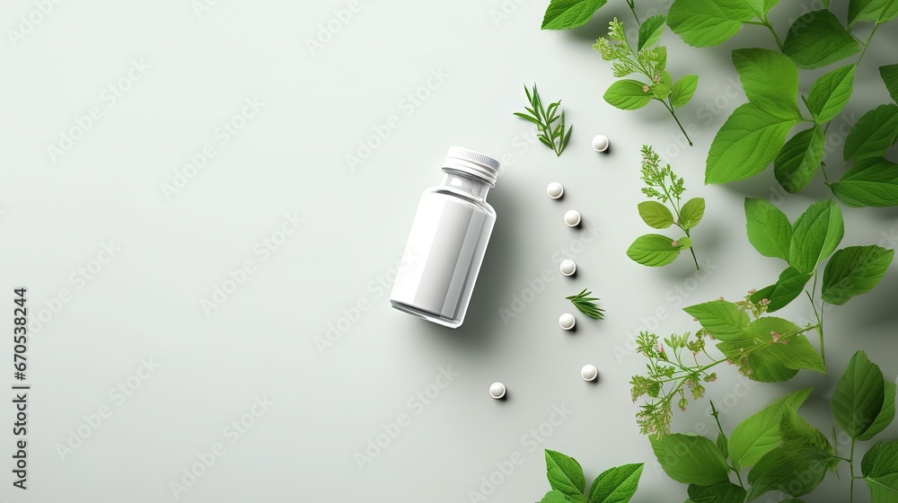Top view mockup bottle for pills and vitamins with green leaves, natural organic bio supplement, copy space - obrazy, fototapety, plakaty 