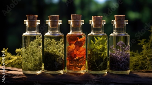 Tincture of medicinal herbs in bottles. Selective focus. Nature.