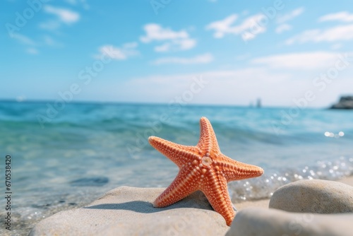 Close-up of a starfish on the shore with the wave of the sea