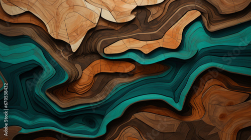 Shapes, soft geometric form, widh lines or waves of wood with structure on different layers in 3d as pattern, brown and turquoise as background or texture photo