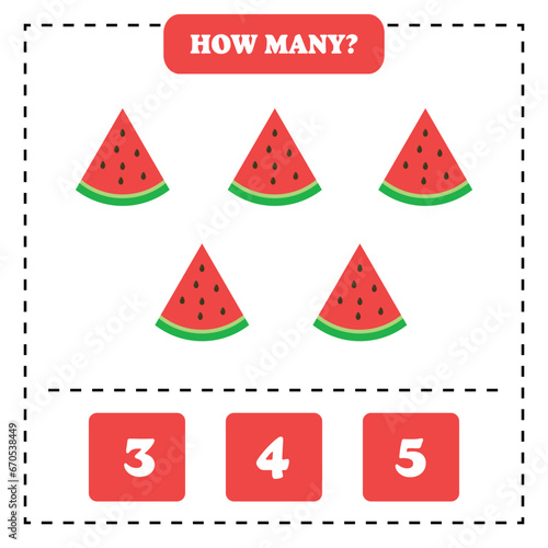 How many watermelon are there? Educational worksheet design for children. Counting game for kids.