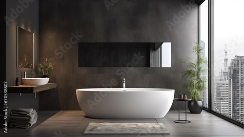 Stylish gray bathroom interior with concrete floor  window with city view  dark wall  big bathtub  and white sink with vertical mirror and wooden vanity. 3d rendering copy space